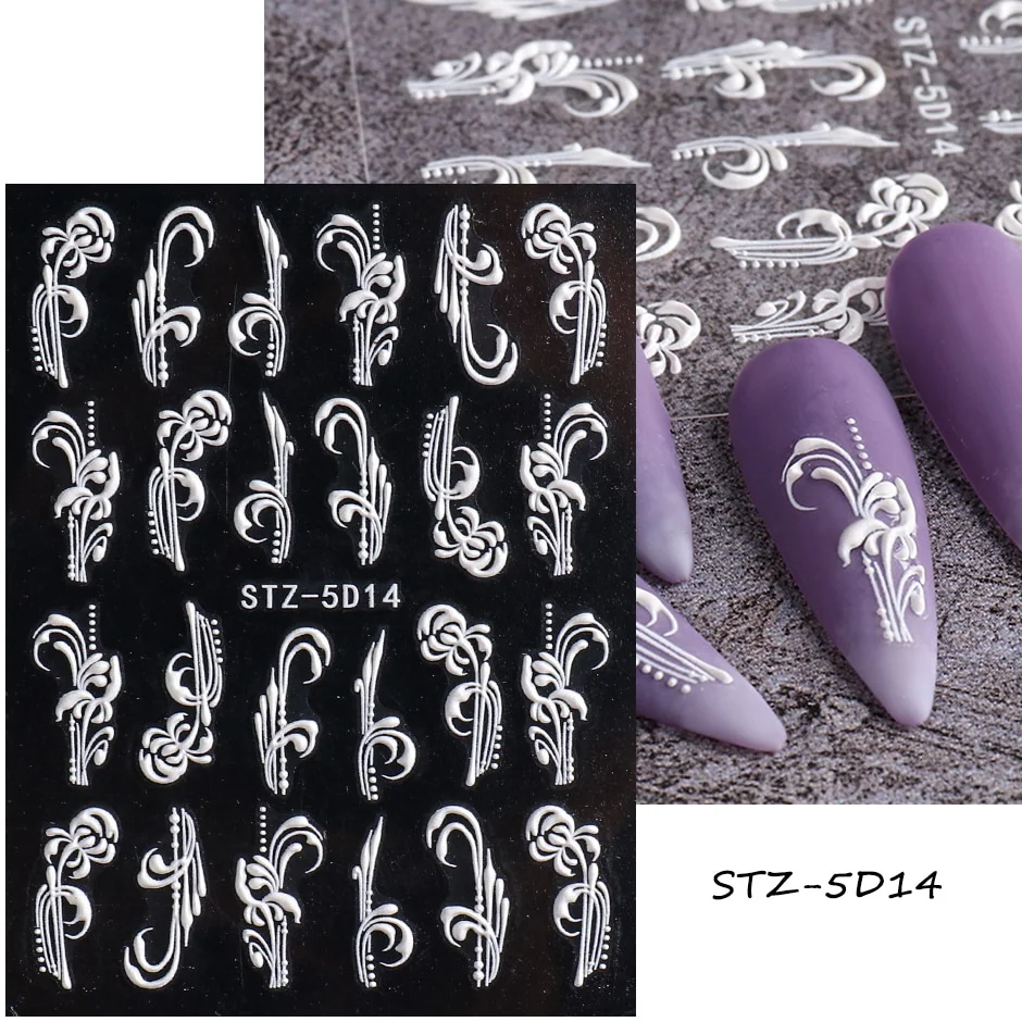 Churchf Nail Stickers Flowers Geometric Lines Decor Acrylic Embossed Sliders Gold Frame Nail Decals Cherry Blossom Manicure GLJI-5D05-Nail Inspo