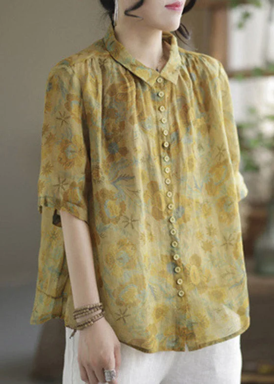 Fashion Yellow Peter Pan Collar Print Linen Shirt Half Sleeve