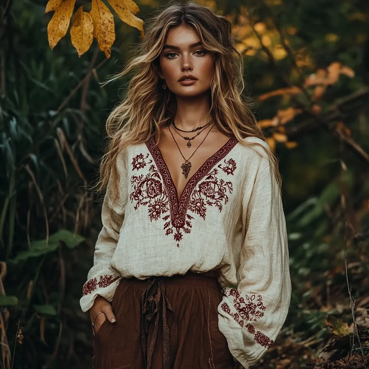 Vintage Floral Embroidery Art Linen V-neck T-shirt