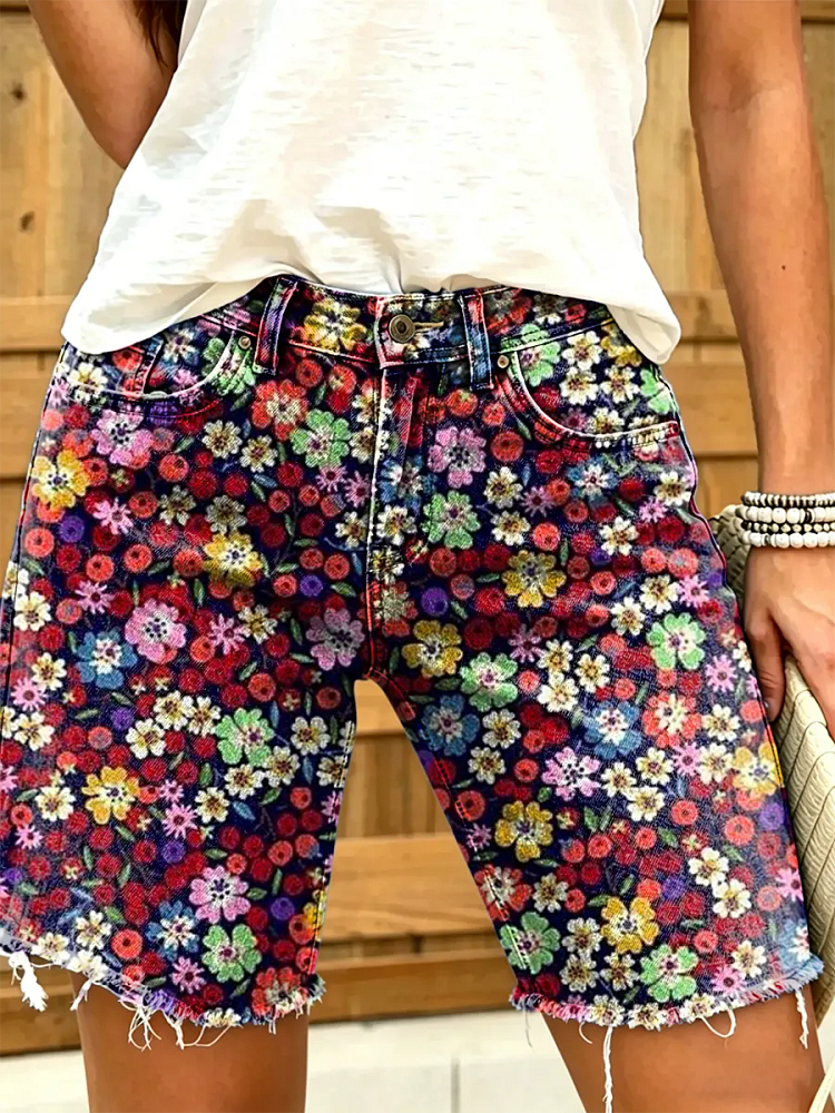 Women's Bohemian Colorful Petal Art Print Casual Washed Cotton Denim Shorts