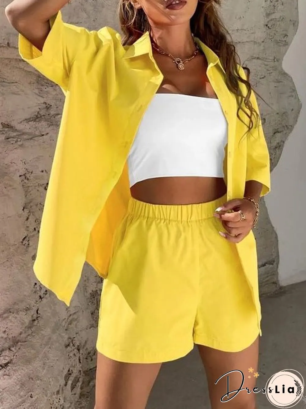 Women'S Sets Solid Dropped Shoulder Shirt & Shorts Two-Piece Set