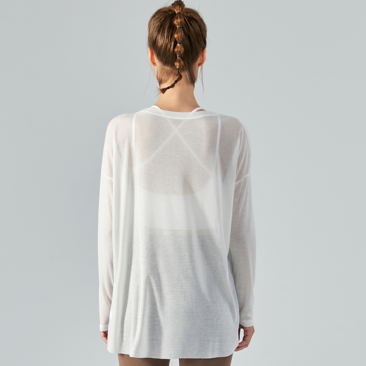 Buy different White colors and types of ladies see through long style tencel skin friendly sustainable loose cool smooth gym t shirt smock on Hergymclothing