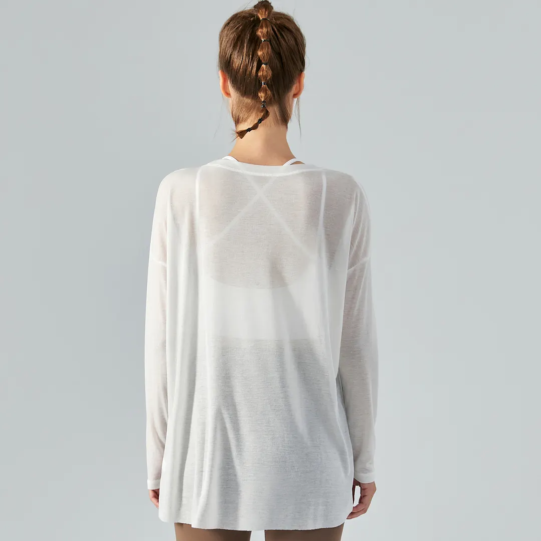 Buy different White colors and types of ladies see through long style tencel skin friendly sustainable loose cool smooth gym t shirt smock on Hergymclothing