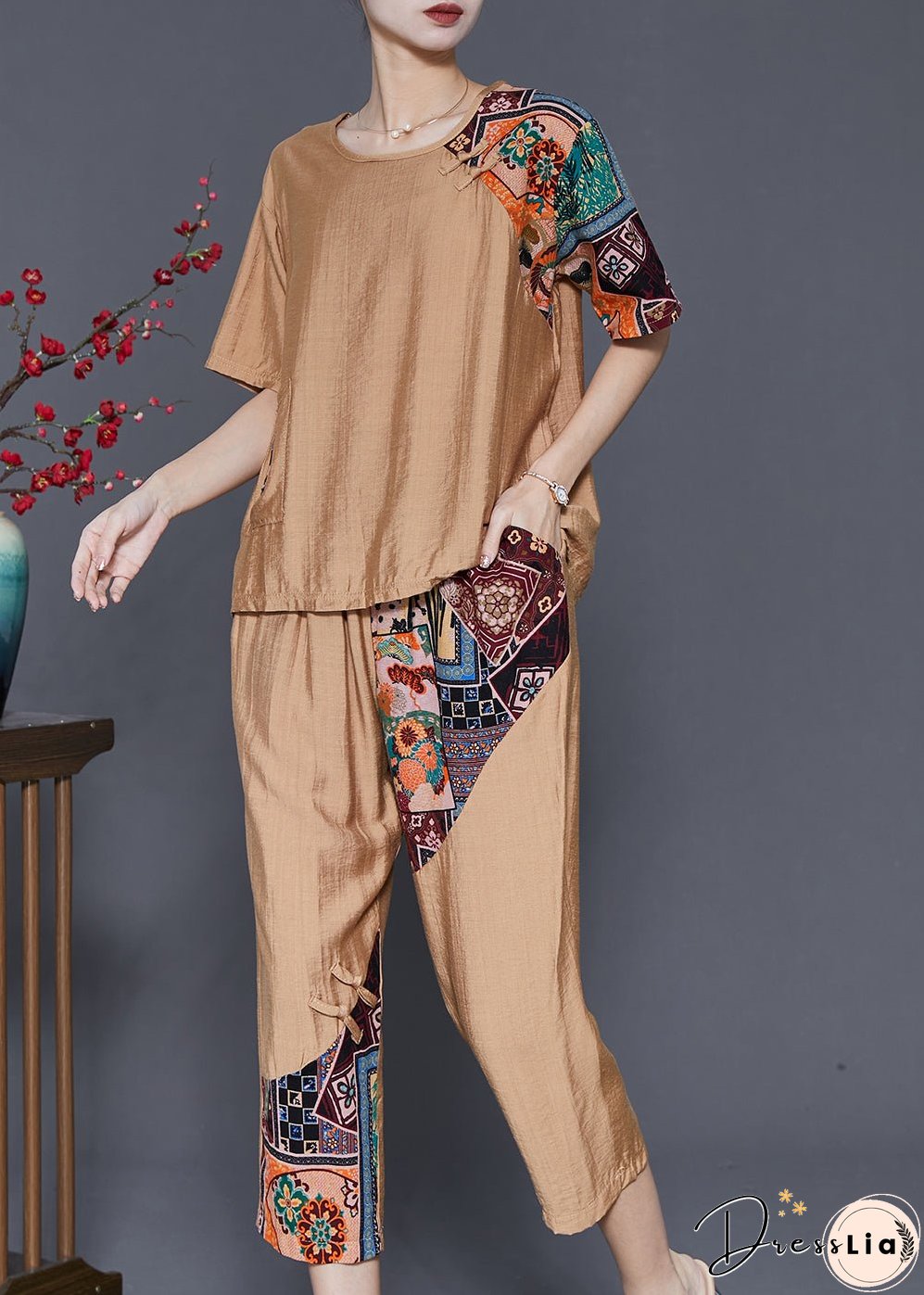 Khaki Patchwork Cotton 2 Piece Outfit Asymmetrical Summer