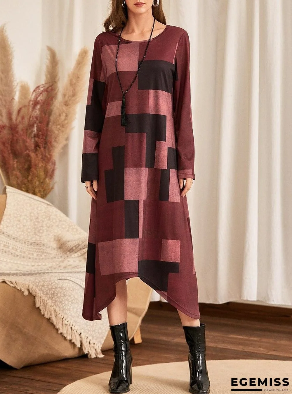 Geometric Print Knitted Irregular Hem Casual Loose Round Neck Dress | EGEMISS