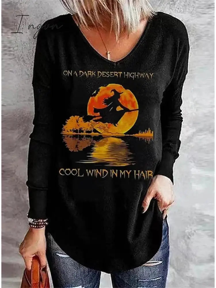 Ingvn - Women’s T Shirt Tee Tunic Black Blue Green Letter Ghost Print Long Sleeve Halloween Basic