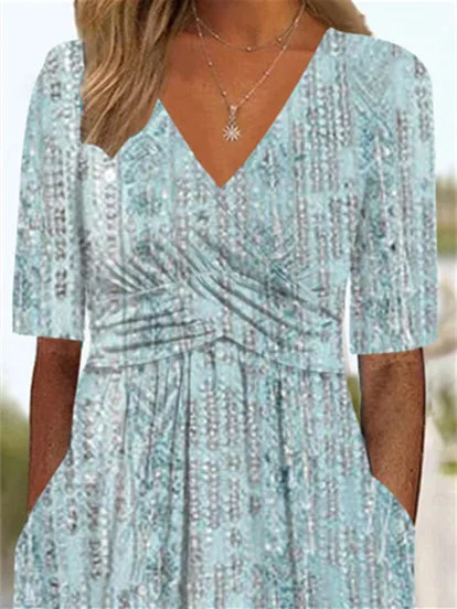 Women's Half Sleeve V-neck Graphic Pockets Midi Dress