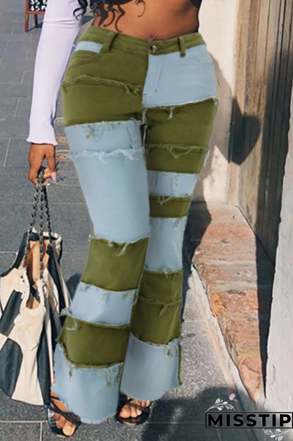 Green Fashion Patchwork Denim Jeans