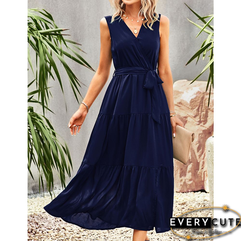 Navy Blue V Neck Sleeveless Tie Waist Midi Dress