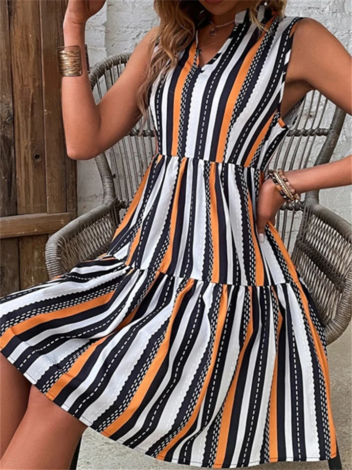 Fashion New Print Collar Stripes Fresh Sweet Style Doll Dress Half Open Collar Sleeveless Short Dress High Waist Dress | 168DEAL