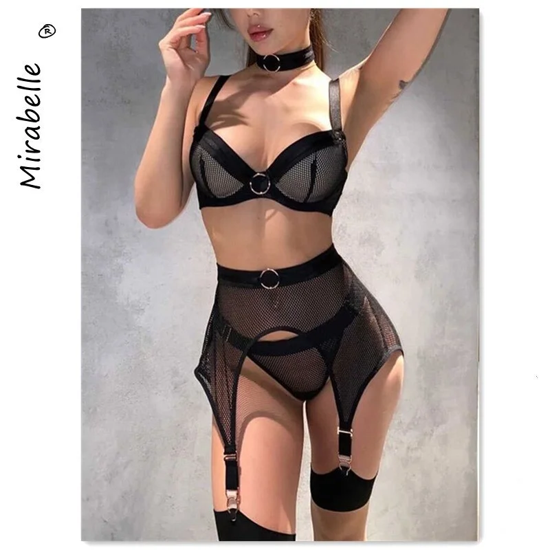 MIRABELLE 4-Piece Set Erotic Lingerie Transparent Bra And Panties Sets Push Up Mesh Underwear Brief Garters Sets Sexy Erotic