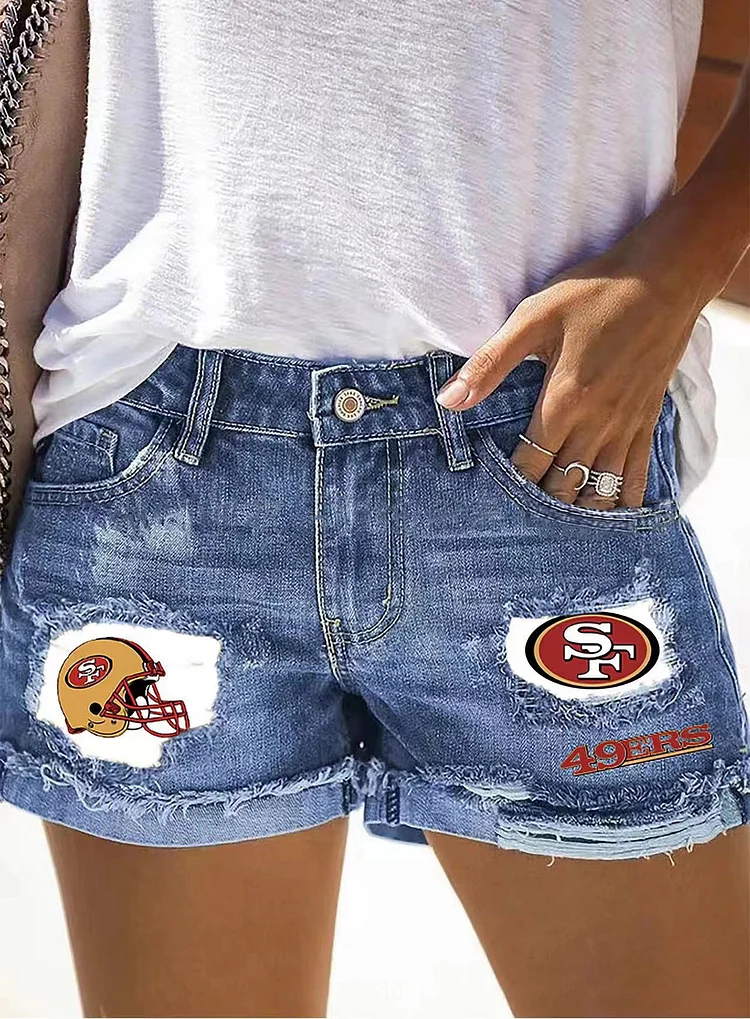 Printed Cuffed Ripped Denim Shorts