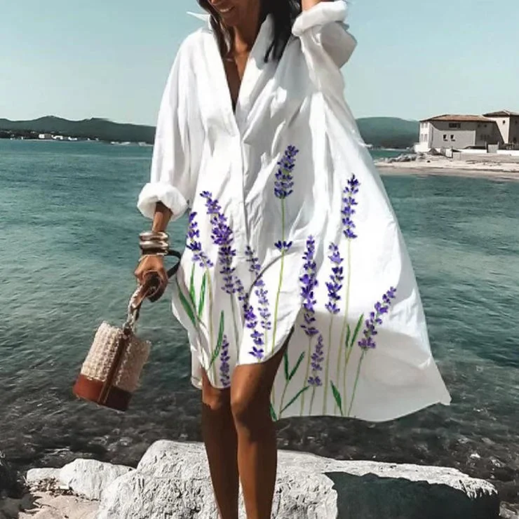 Lavender Print Shirt Midi Dress