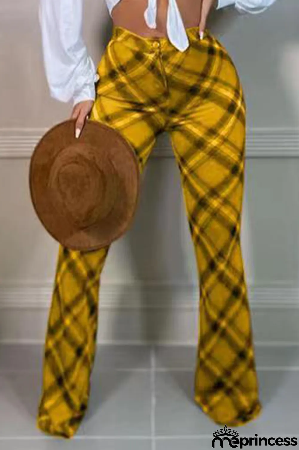Yellow Casual Plaid Print Patchwork Straight High Waist Straight Full Print Bottoms