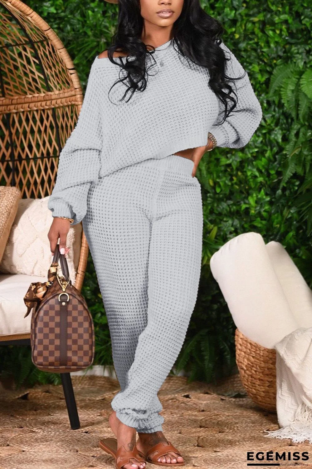 Grey Fashion Casual Adult Solid Patchwork Oblique Collar Long Sleeve One Shoulder Regular Two Pieces | EGEMISS