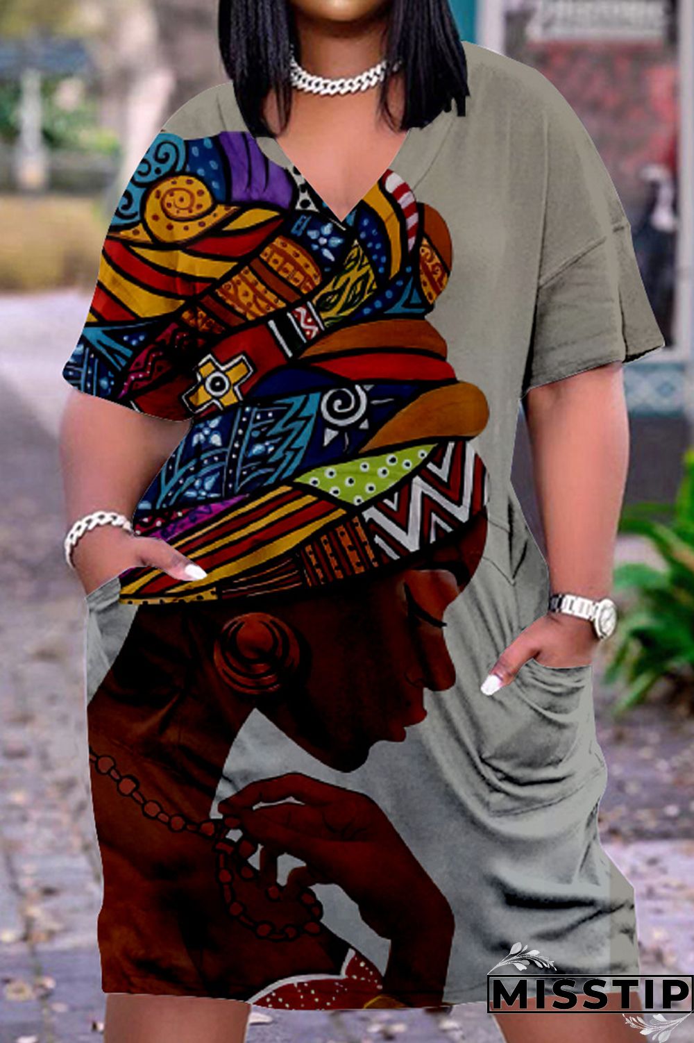 Light Blue Fashion Casual Print Basic V Neck Short Sleeve Dress