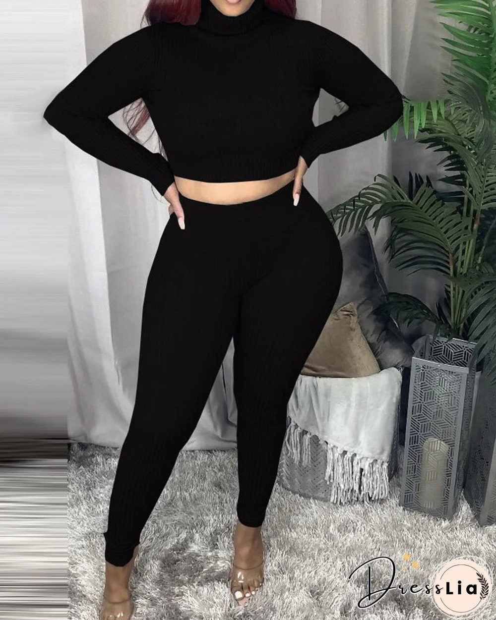 Ribbed High Neck Crop Top & Pants Set P14380