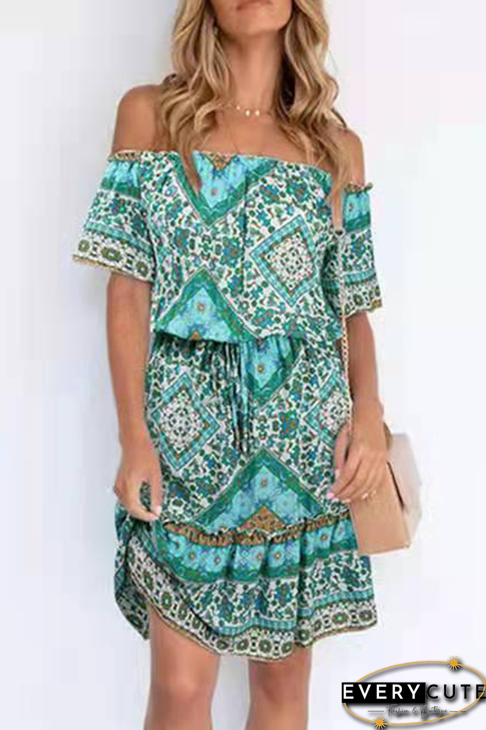 Bohemian Print Split Joint Off the Shoulder A Line Dresses