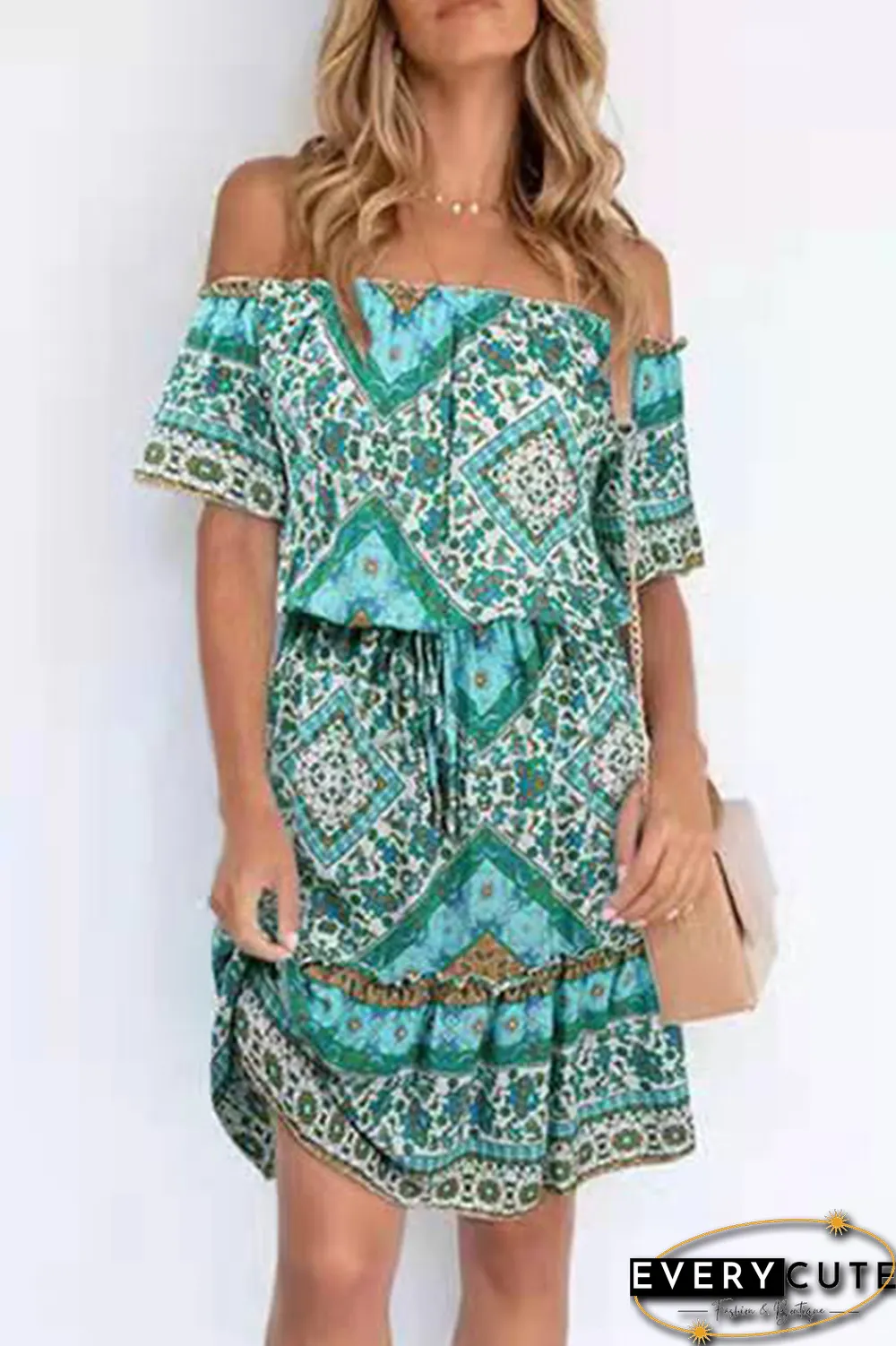 Bohemian Print Split Joint Off the Shoulder A Line Dresses
