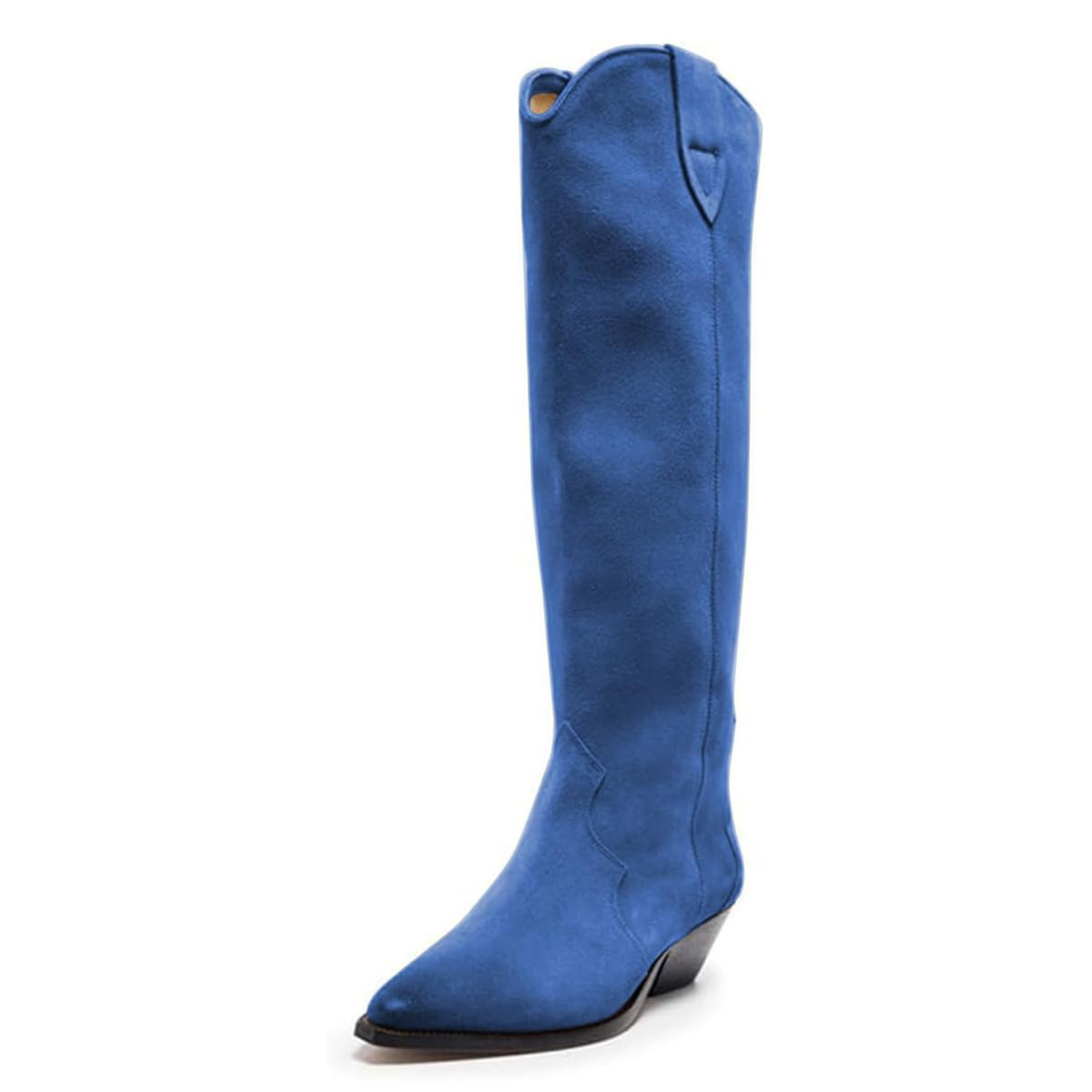 Blue Pointed Toe Block Low Heel Wide Calf Cowboy Boots for Women Nicepairs