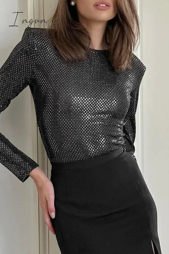 Ingvn - Elegant Solid Sequins Sequined O Neck Tops Black / S Tops/Long Sleeve