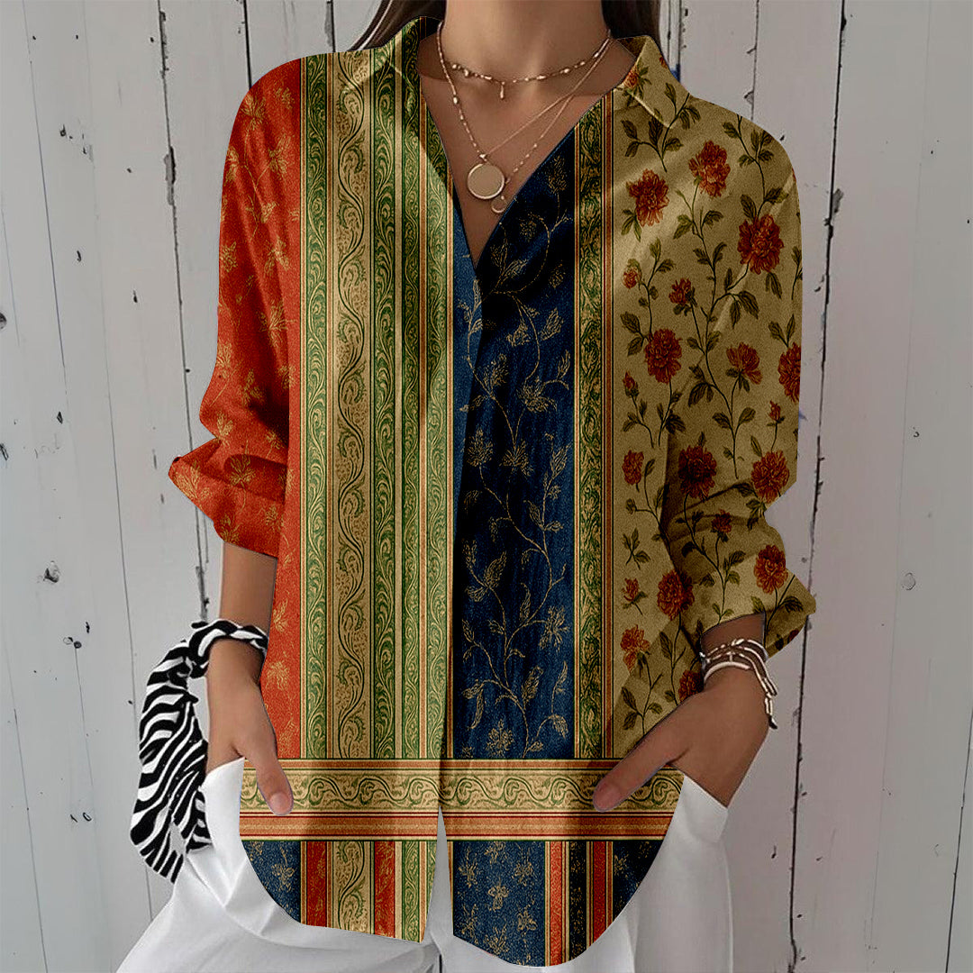 Women Long Sleeve V-neck Graphic Floral Printed Top