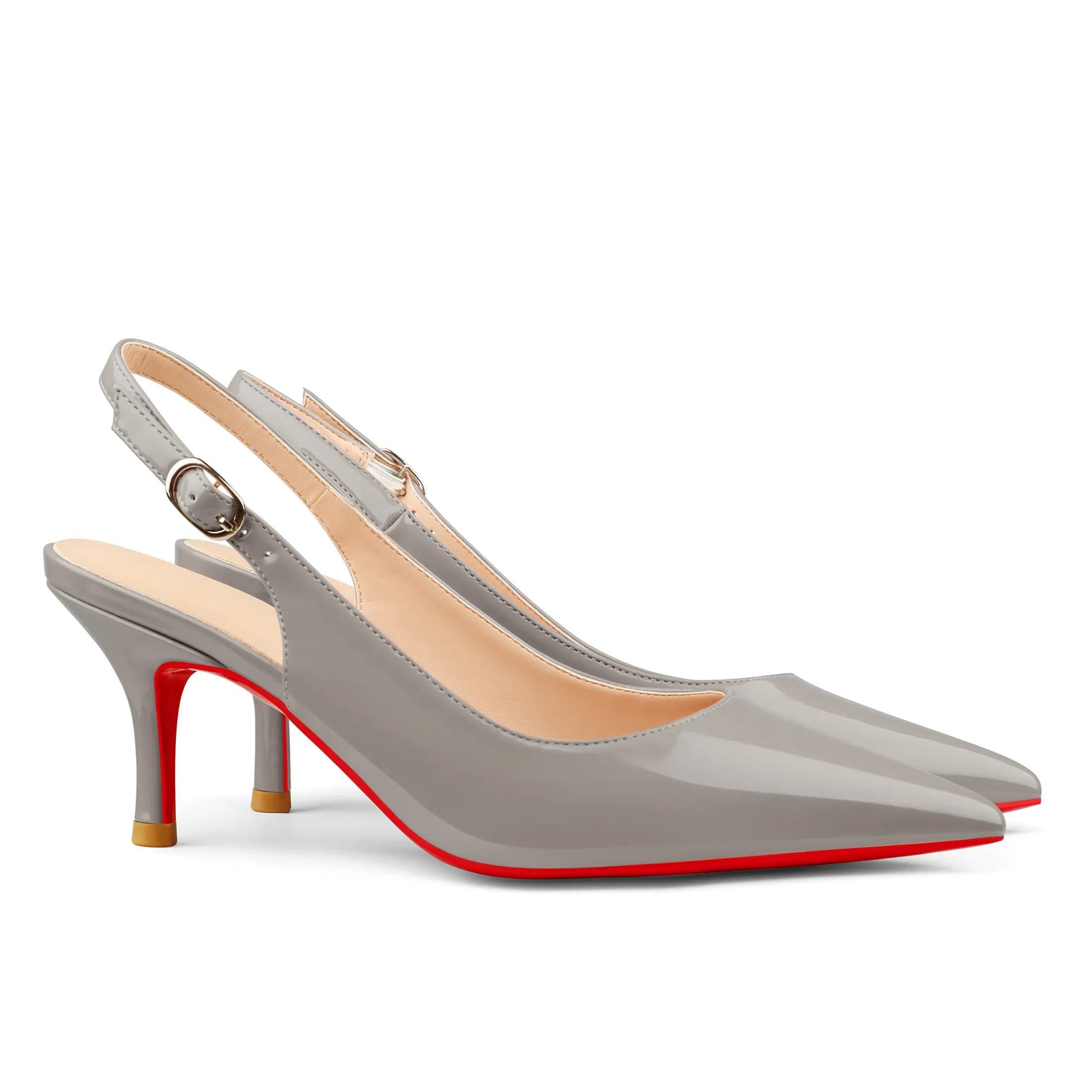 60mm Women's Pointed Toe Slingback Shoes Kitten Heel Red Bottom Pumps Comfortable Dress Patent-vocosishoes