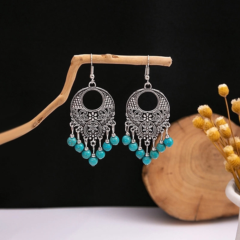 Bohemian Blue Turquoise National Style Earrings Imitation Miao Silver Metal Earrings Vintage Tassel Earrings