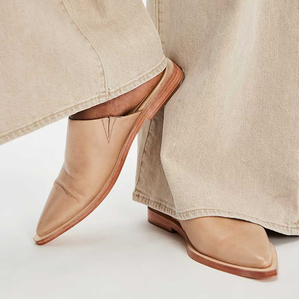 Women's Nude Vegan Leather Slip On Flat Mules Closed Toe Shoes Nicepairs
