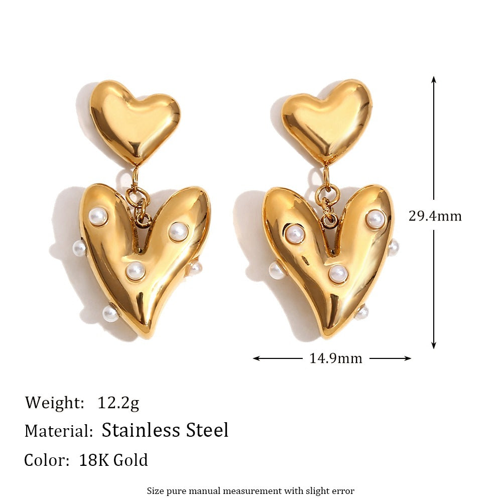 French Design Earrings Stainless Steel 18K Gold Plated Irregular Heart Stitching Pearl Earrings For Women