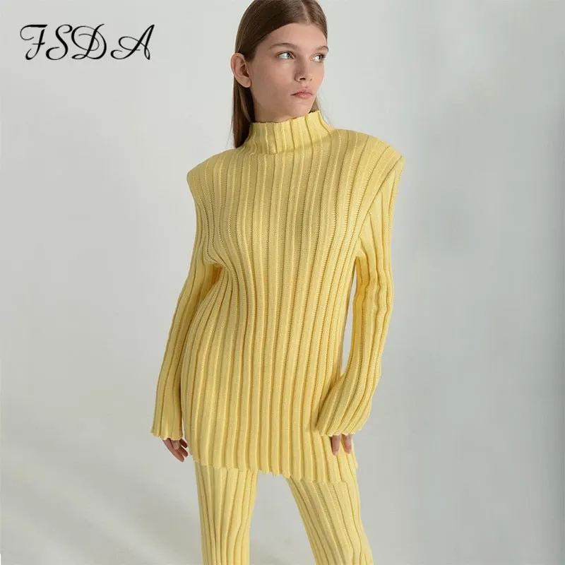 FSDA 2021 Autumn Winter Long Sleeve Sweater Top Green And Pants Knitted Casual Women Two Piece Set Khaki Fashion Suit