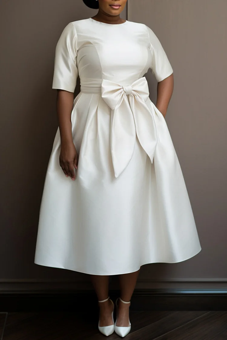 Xpluswear Design Plus Size Wedding White Elegant Round Neck Half Sleeve Pocket Bow Tie Satin Midi Dresses [Pre-Order]
