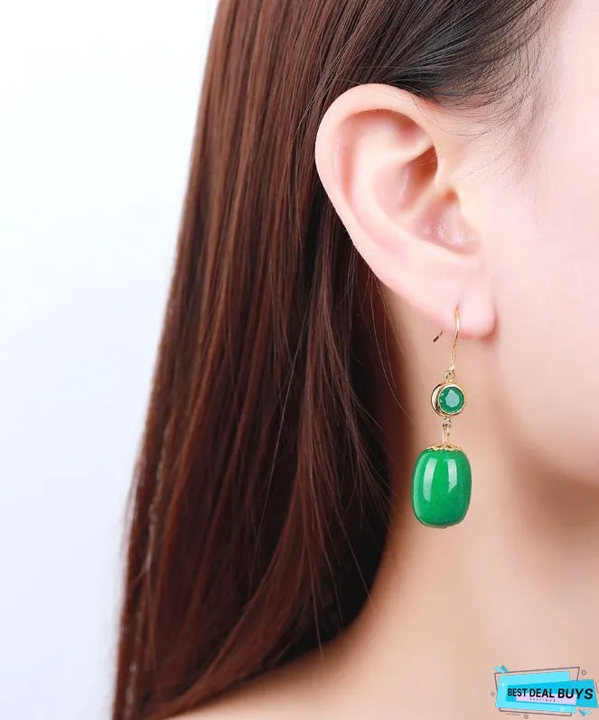 Unique Sterling Silver Overgild Dry Green Jade Drop Earrings