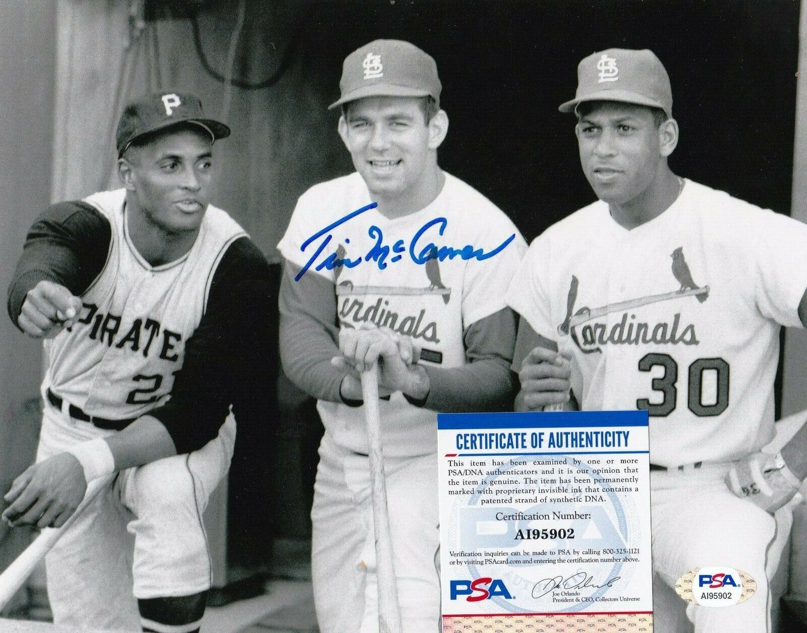 TIM MCCARVER ST. LOUIS CARDINALS W/ CLEMENTE / CEPEDA PSA AUTHENTIC SIGNED 8x10