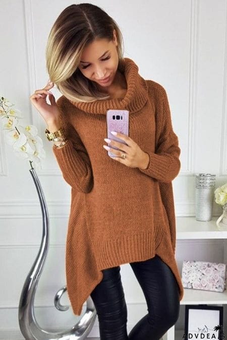 Brown Cowl Neck Handkerchief Hem Sweater