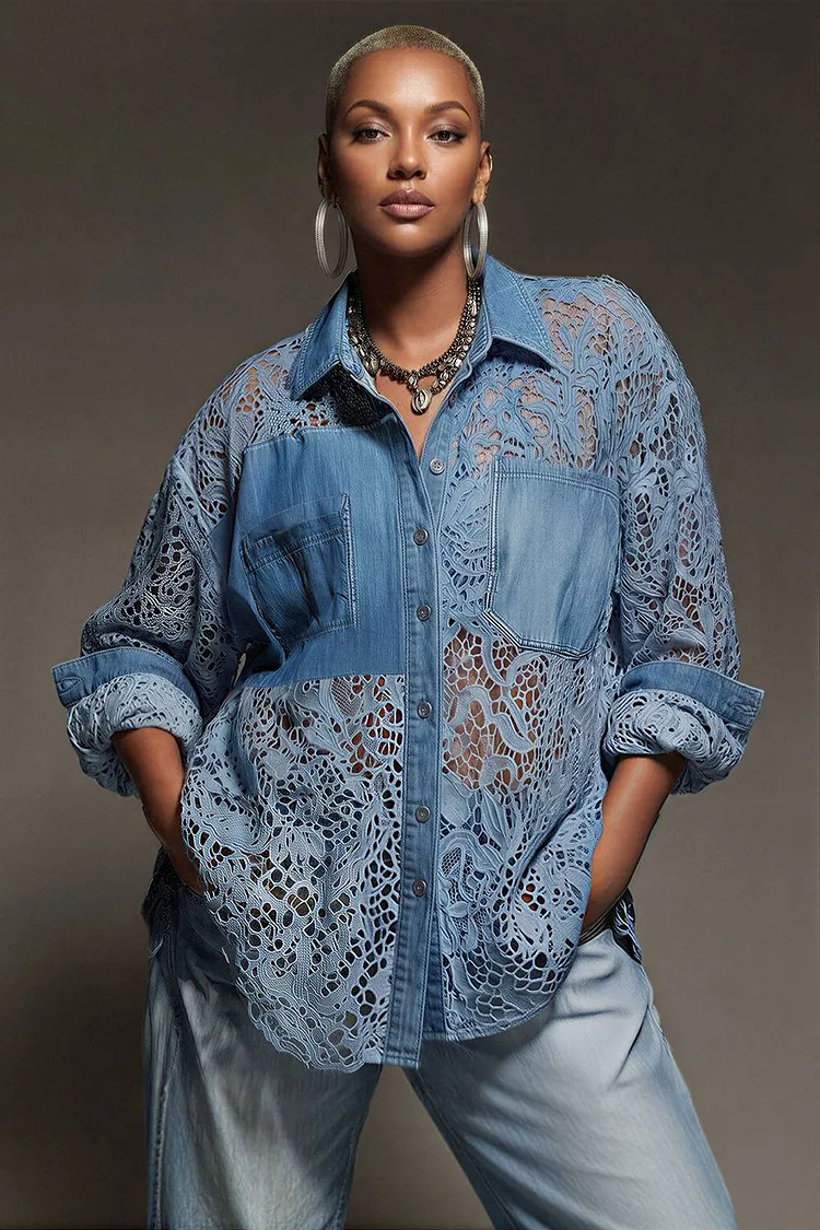 Xpluswear Design Plus Size Business Casual Lace Light Blue Shirt Collar 3/4 Sleeve Contrast Tencel Denim Blouses [Pre-Order] 2024 - Xpluswear