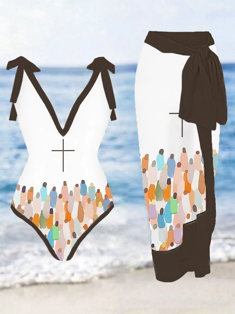 Women's V Neck Faith Respect Workship Jesus Cross Print One-Piece Swimsuit Cover Up Set