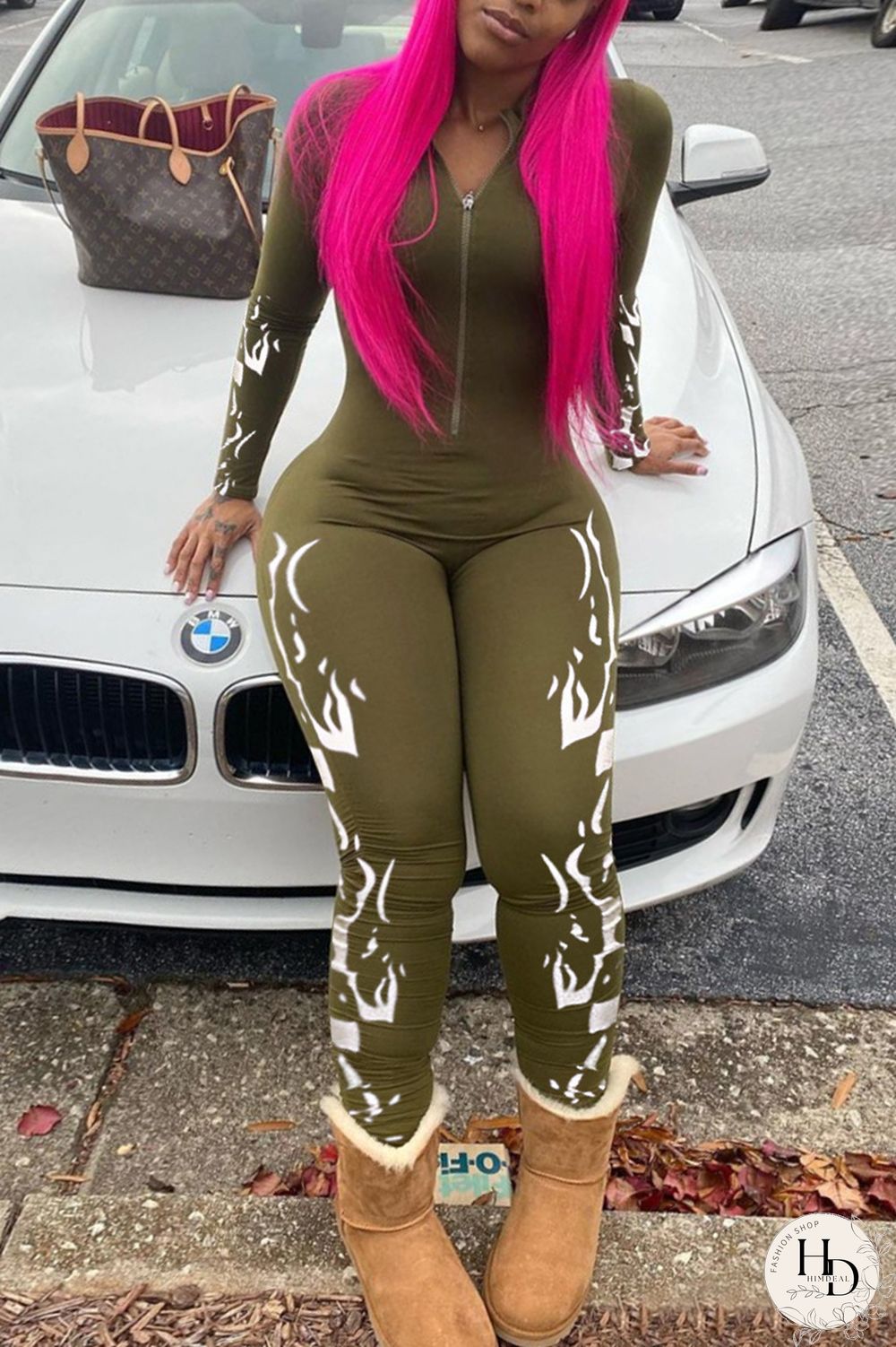 Army Green Fashion Casual Print Basic Turtleneck Skinny Jumpsuits