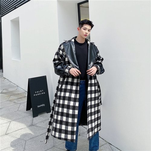 -Plaid Woolen and Leather Trench Coat-Usyaboys-Mne and Women's Street Fashion Shop-Christmas