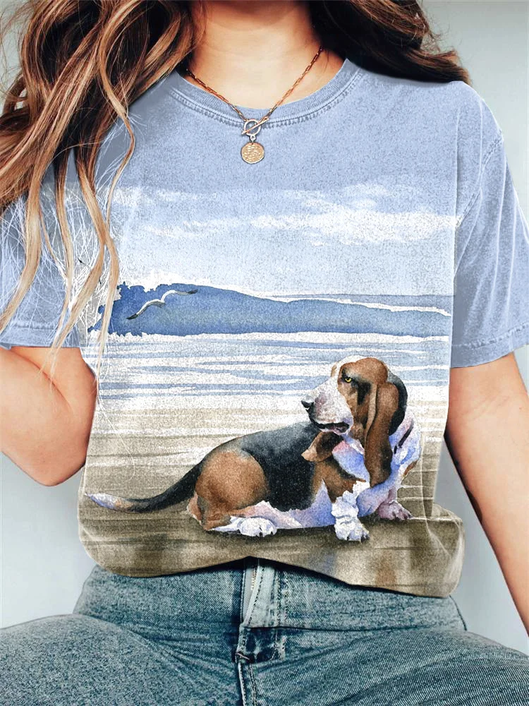 Basset Hound & Ocean Print Casual Cotton T-Shirt