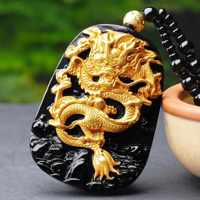 18k Gold-plated Dragon Obsidian Lucky Pendant Necklace