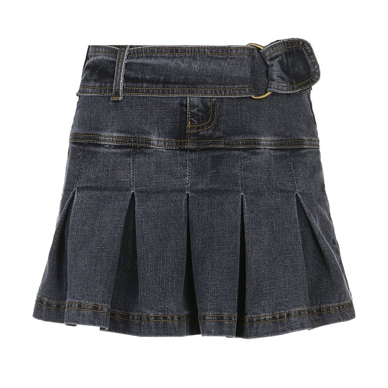 IAMHOTTY With Belt Pleated Denim Skirt Black High Waist A-line Kawaii Jeans Skirts Fairycore Grunge Bottoms Korean Fashion Cloth