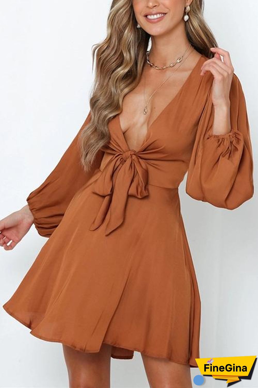 Bow Tie Deep V Neck Mini Dress
