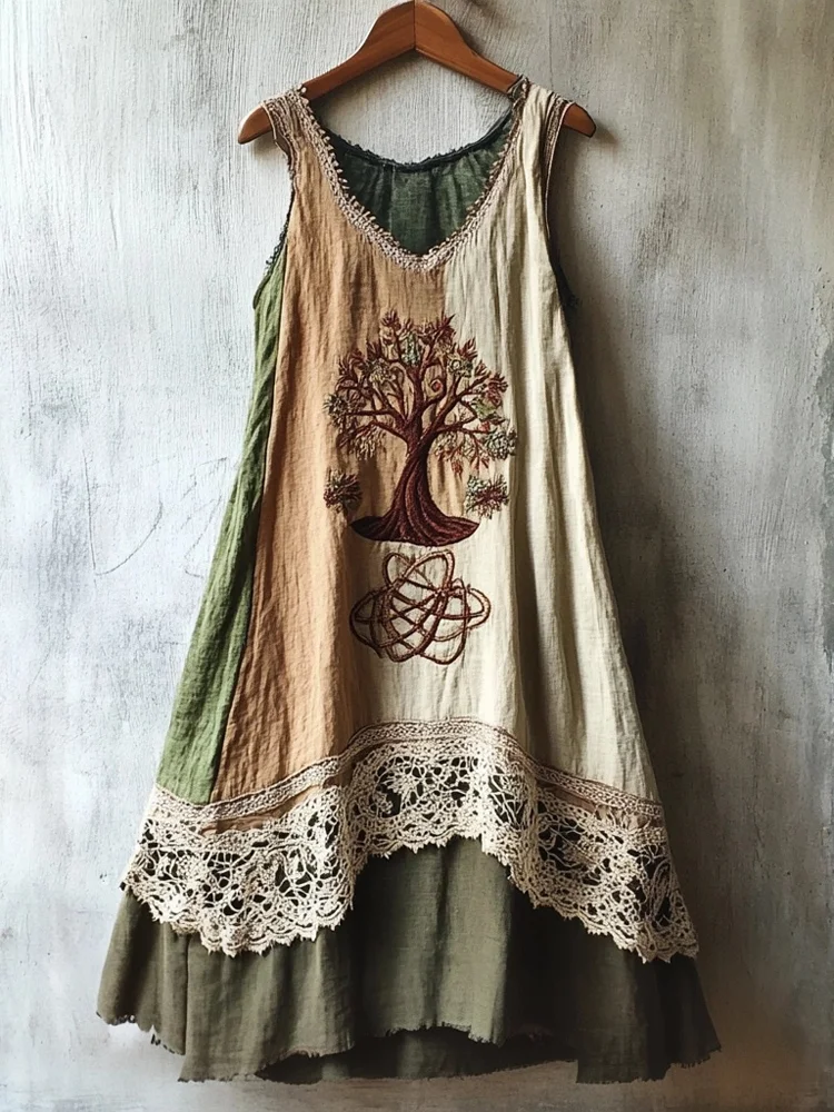 Utbros Viking Tree Of Life Embroidered Lace Patchwork Linen Dress