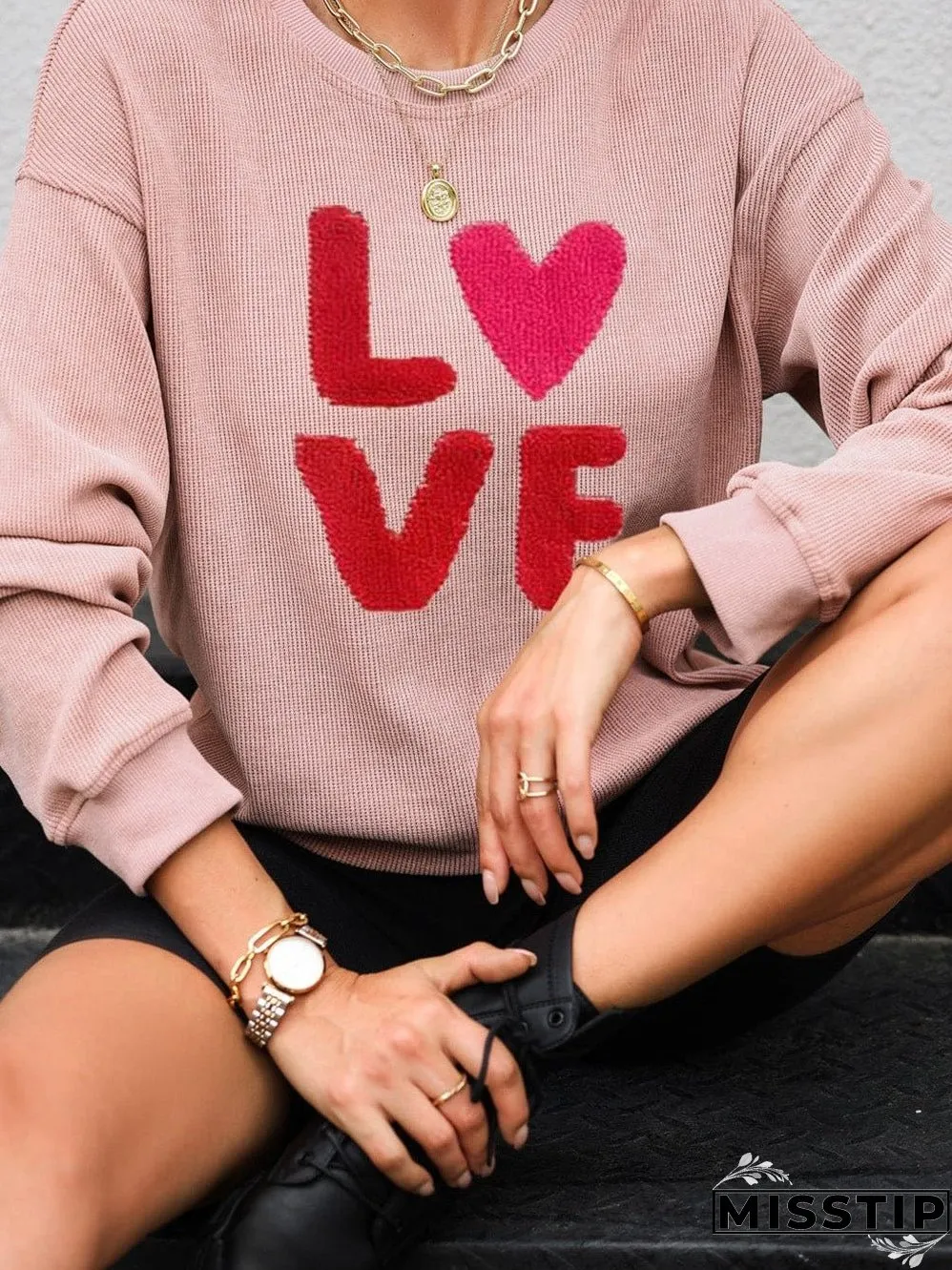 Chenille LOVE Pink Corded Graphic Sweatshirt