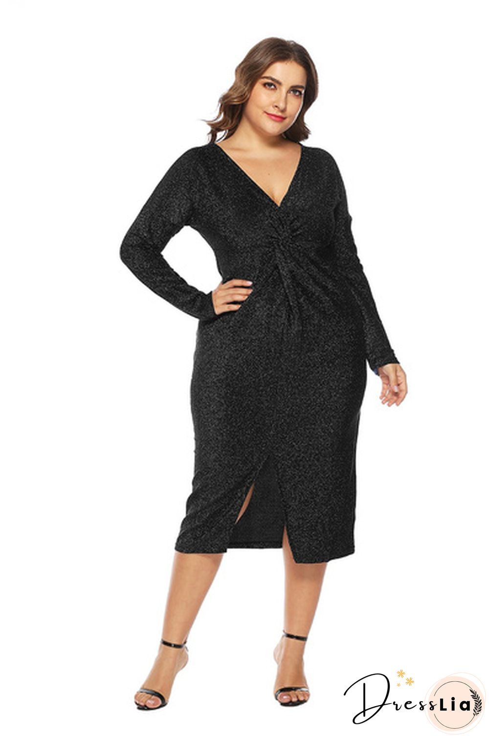 V Neck Long Sleeve Plus Size Metallic Shining Front Gathering Dress