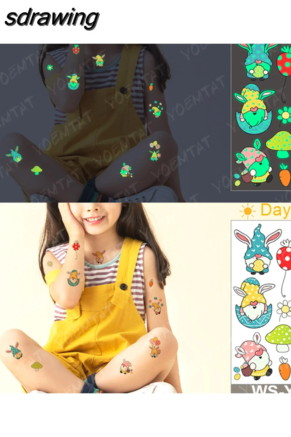 sdrawing Waterproof Temporary Tattoo Woman Sticker Panda Tiger Cute Animal Glowing Tatto Boy Girl Baby Child Kid Flash Fake Tato