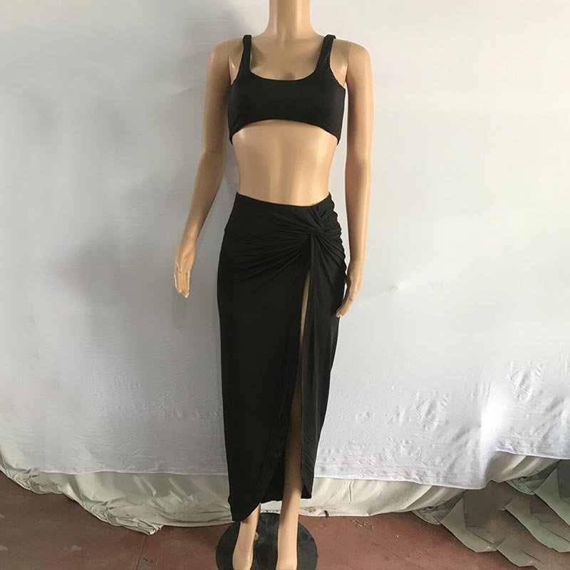 Gentillove 2021 Women Summer High Waist Split Sexy Solid Vest Top And Long Skirt Two Piece Set Irregular Pleated Party Club Suit