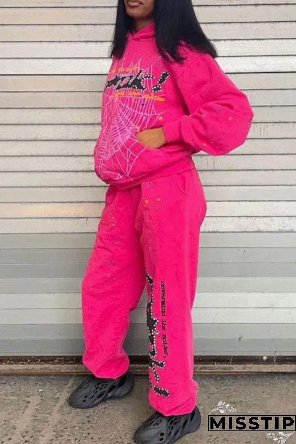 Rose Red Casual Letter Print Patchwork Regular High Waist Conventional Positioning Print Trousers