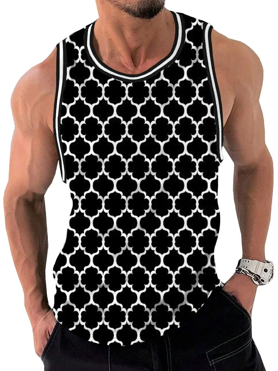 Retro Black And White Geometric Print Round Neck Casual Tank Top